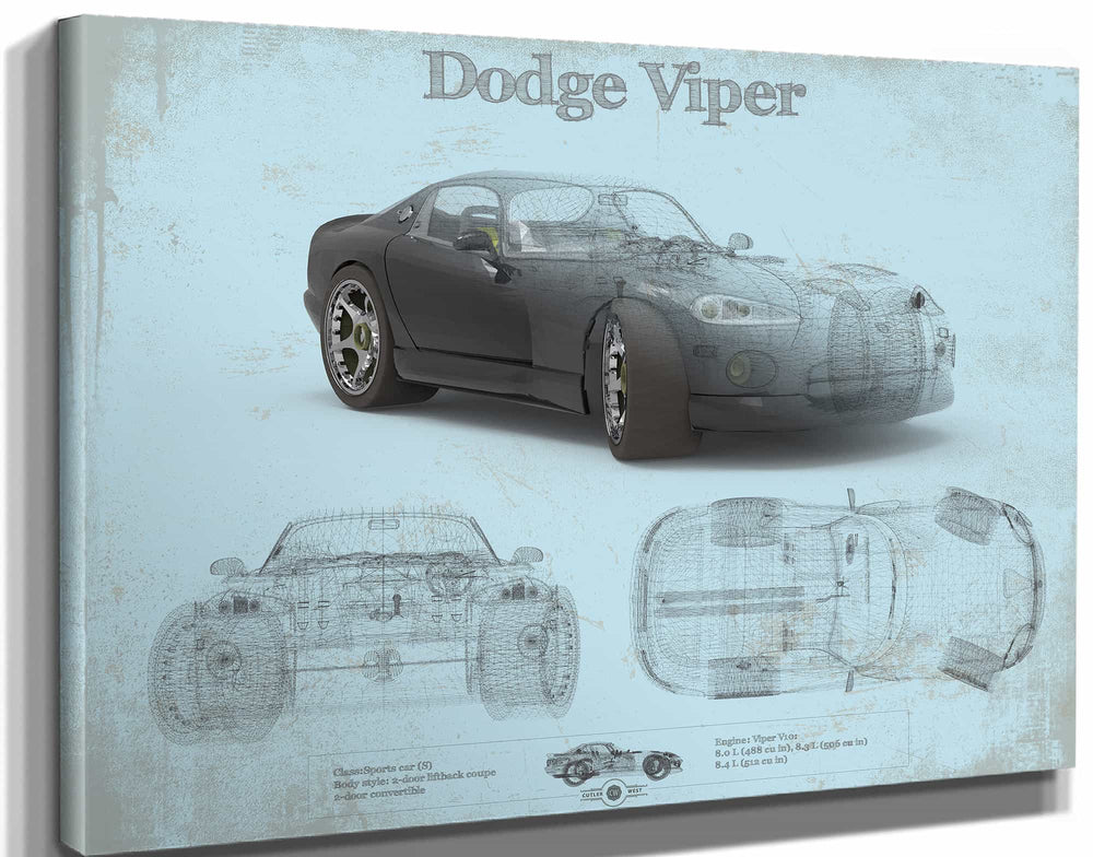 14" x 11" / Stretched Canvas Wrap Cutler West Dodge Viper Vintage Blueprint Auto Print