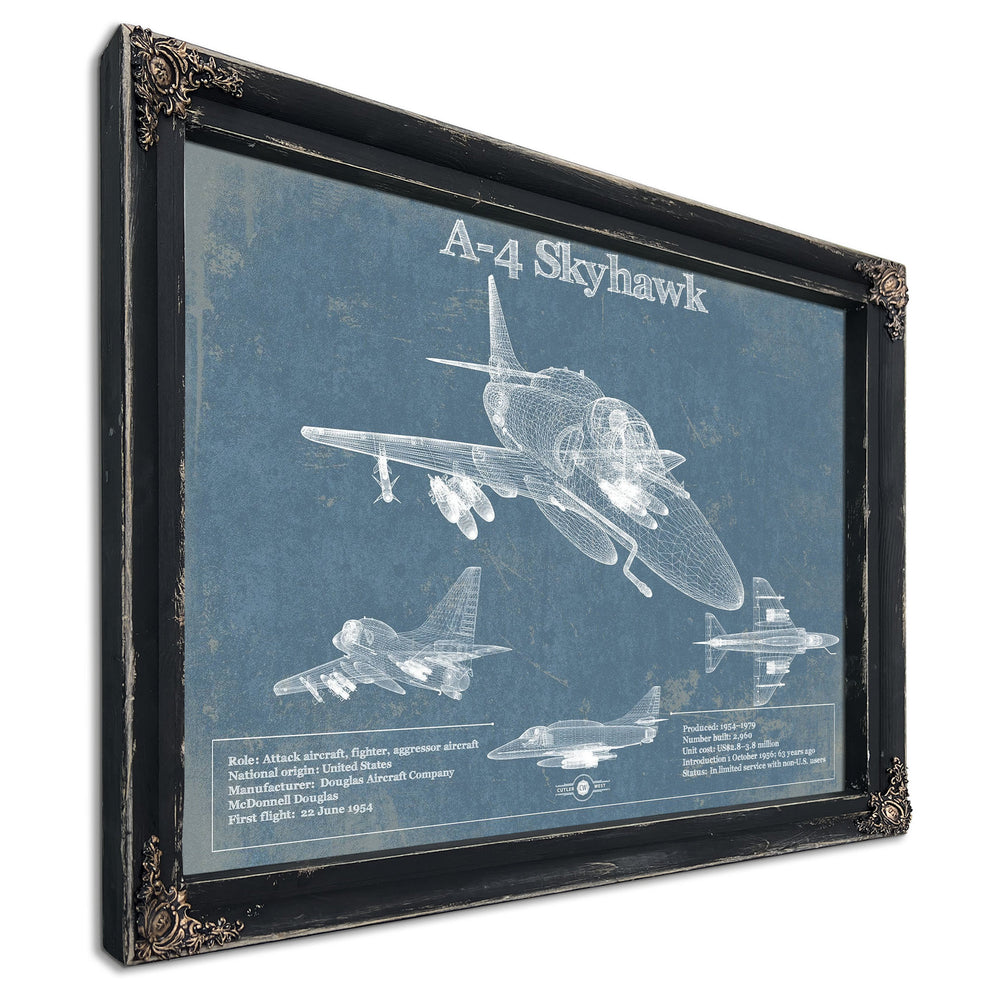 Douglas A-4 Skyhawk Blueprint Aircraft Print in a distressed Vintage Black wood frame with ornate corners