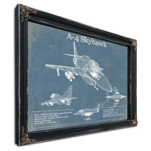 Douglas A-4 Skyhawk Blueprint Aircraft Print in a distressed Vintage Black wood frame with ornate corners