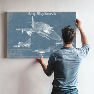 Douglas A-4 Skyhawk Blueprint Aircraft Print framed in Vintage Black above a mid-century record console