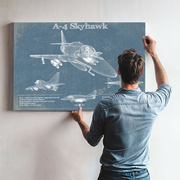 Douglas A-4 Skyhawk Blueprint Aircraft Print framed in Vintage Black above a mid-century record console