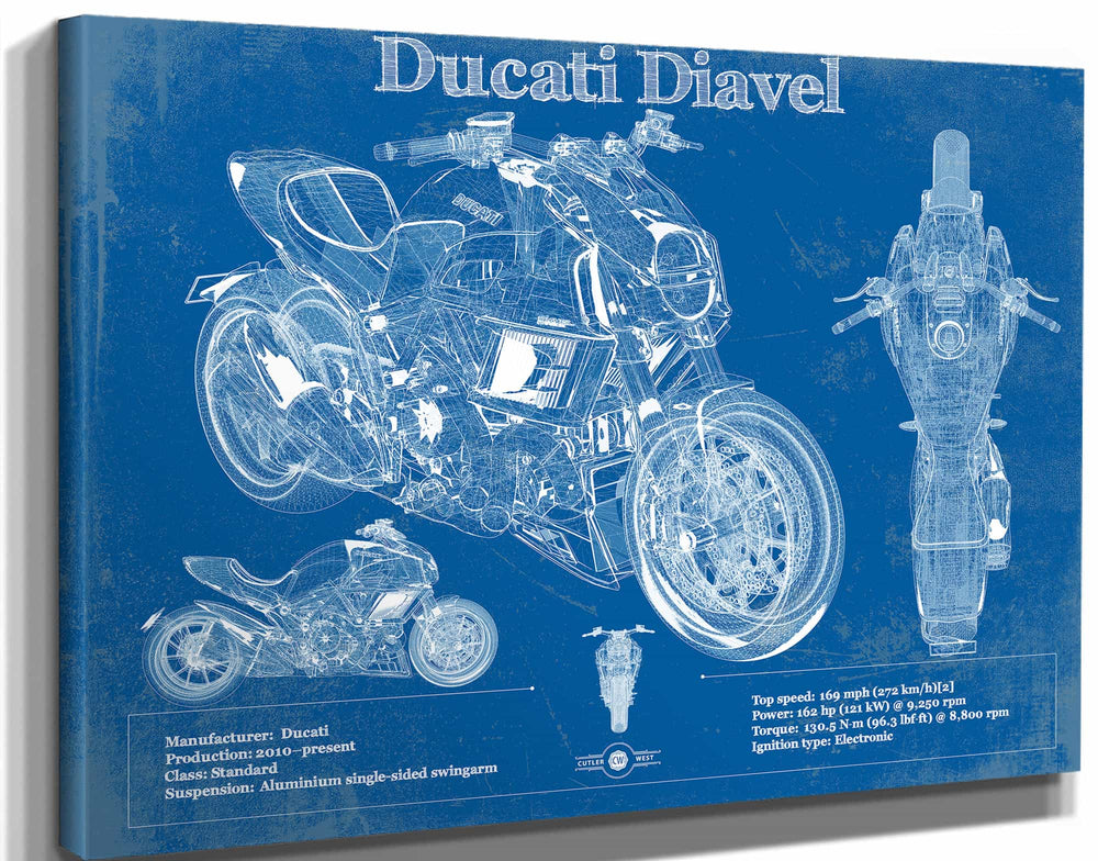 14" x 11" / Stretched Canvas Wrap Cutler West Ducati Diavel Blueprint Motorcycle Patent Print