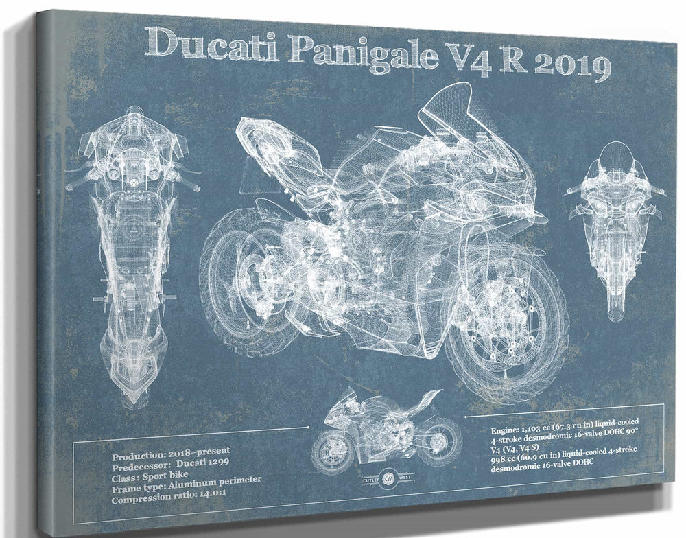 14" x 11" / Stretched Canvas Wrap Cutler West Ducati Panigale V4 R 2019 Vintage Blueprint Motorcycle Patent Print