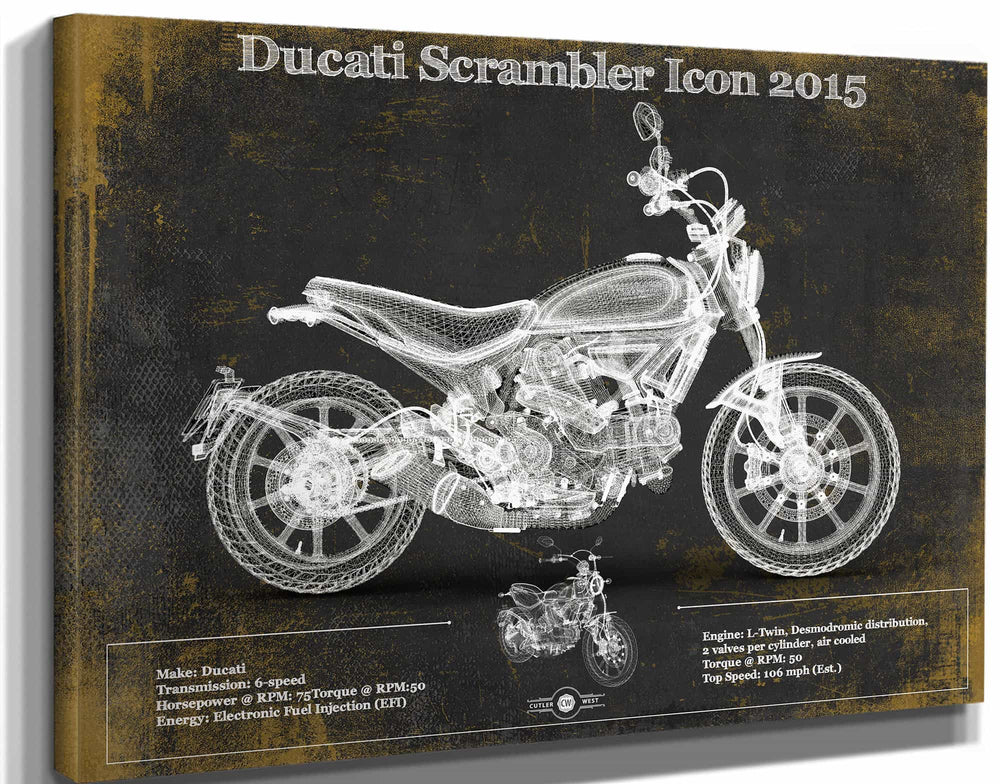 14" x 11" / Stretched Canvas Wrap Cutler West Ducati Scrambler Icon 2015 Vintage Blueprint Motorcycle Patent Print