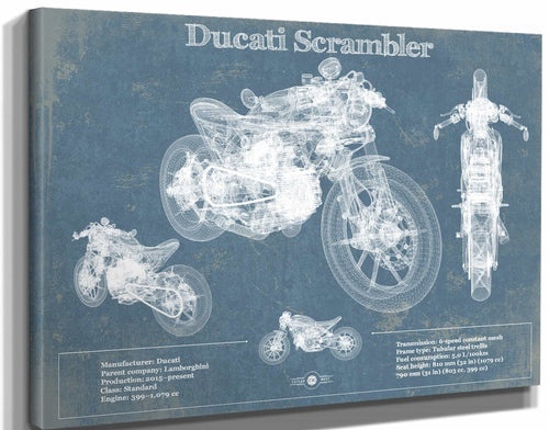 14" x 11" / Stretched Canvas Wrap Cutler West Ducati Scrambler Vintage Blueprint Motorcycle Patent Print