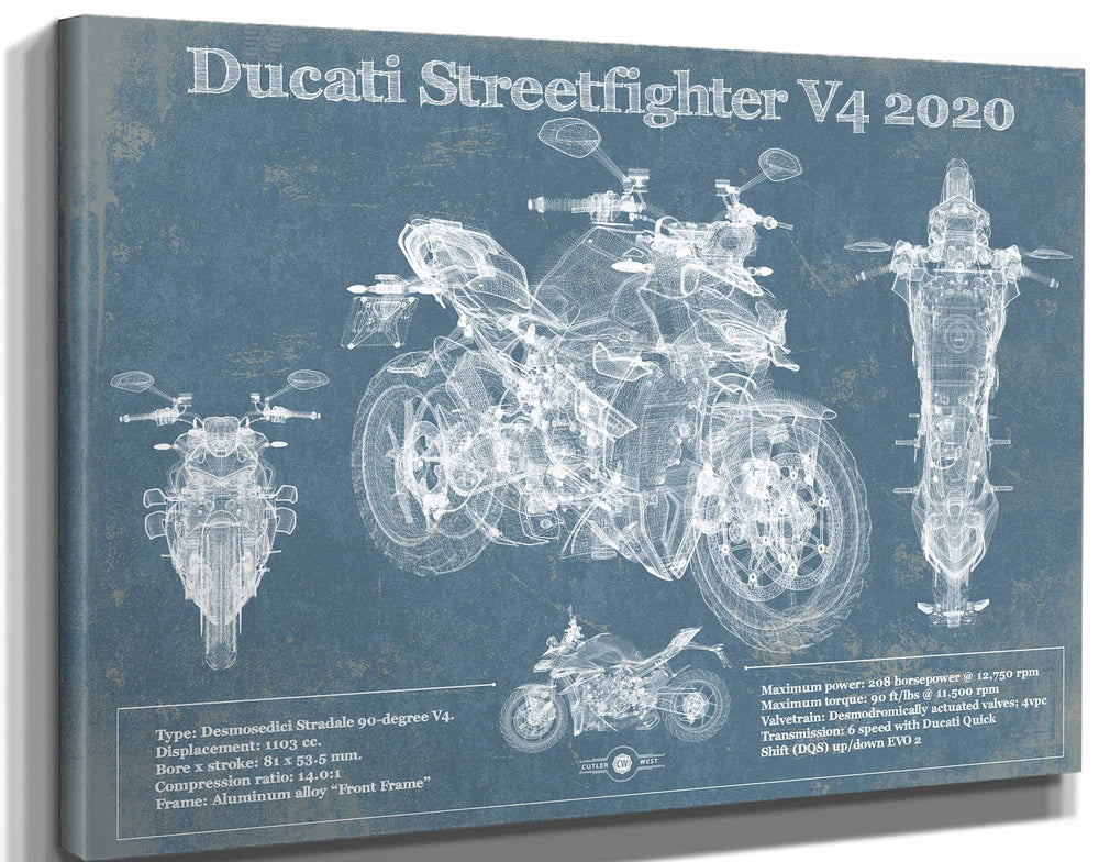 14" x 11" / Stretched Canvas Wrap Cutler West Ducati Streetfighter V4 2020 Blueprint Motorcycle Patent Print