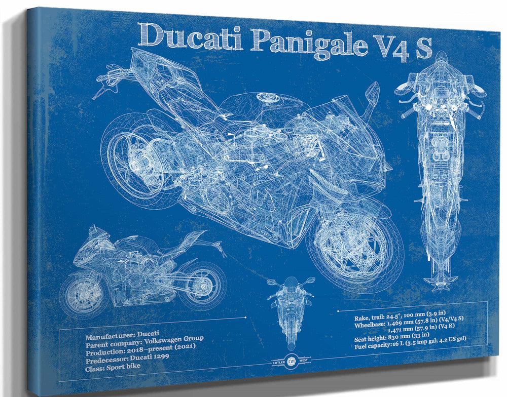 14" x 11" / Stretched Canvas Wrap Cutler West Ducati Streetfighter V4 S 2020 Blueprint Motorcycle Patent Print