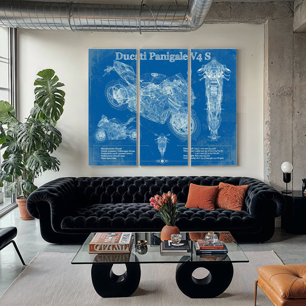 2020 Ducati Streetfighter V4 S Print as a 3 panel canvas wrap in a modern living room