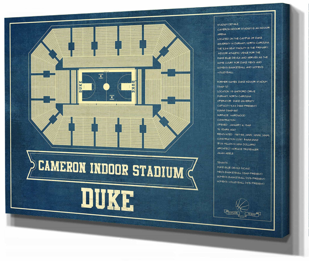 Cutler West Duke Blue Devils - Cameron Indoor Stadium Seating Chart - College Basketball Blueprint Art