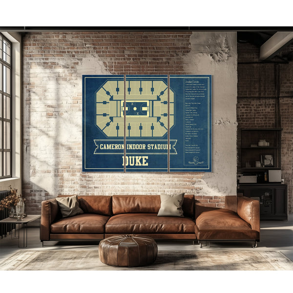 Duke Blue Devils - Cameron Indoor Stadium Seating Print as a 3 panel canvas wrap above a leather sofa