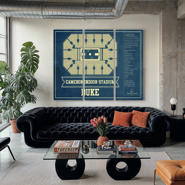 Duke Blue Devils - Cameron Indoor Stadium Seating Print as a 3 panel canvas wrap in a modern living room