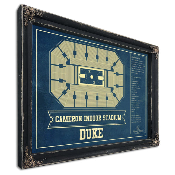 Duke Blue Devils - Cameron Indoor Stadium Seating Print in a distressed Vintage Black wood frame with ornate corners