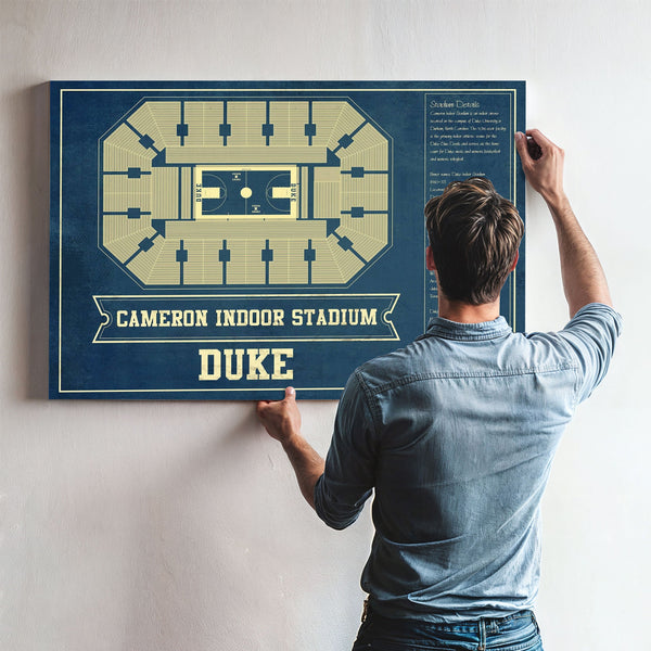 Duke Blue Devils - Cameron Indoor Stadium Seating Print framed in Vintage Black above a mid-century record console