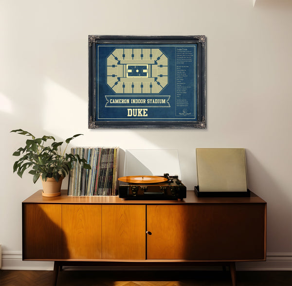 Duke Blue Devils - Cameron Indoor Stadium Seating Print framed in Vintage Black in a loft bedroom