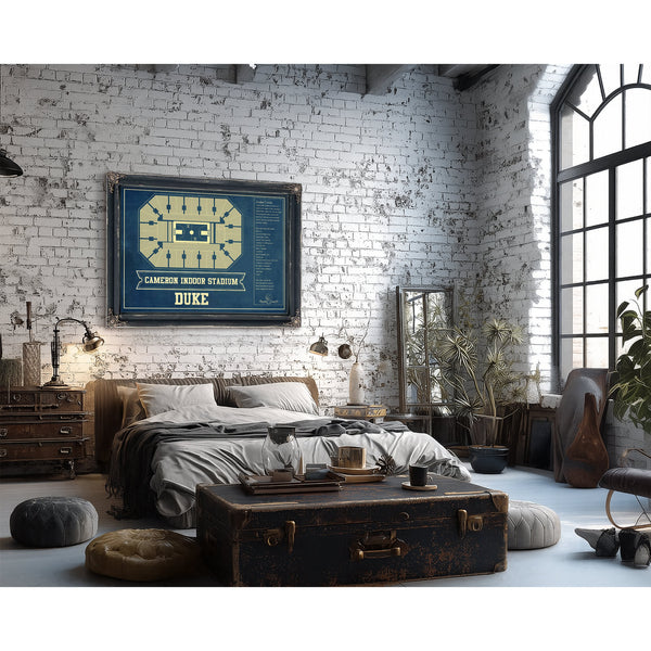 Duke Blue Devils - Cameron Indoor Stadium Seating Print framed in Vintage Black in a farmhouse entryway