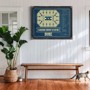 Duke Blue Devils - Cameron Indoor Stadium Seating Print framed in Vintage Black above a rustic console table