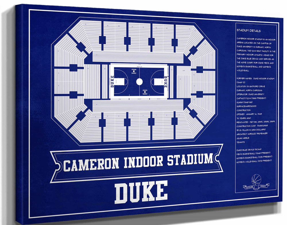 14" x 11" / Stretched Canvas Wrap Cutler West Duke Blue Devils - Cameron Indoor Stadium Seating Chart Team Color - College Basketball Blueprint Art
