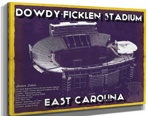 14" x 11" / Stretched Canvas Wrap Cutler West East Carolina Pirates - Dowdy–Ficklen Stadium Vintage Blueprint Wall Art
