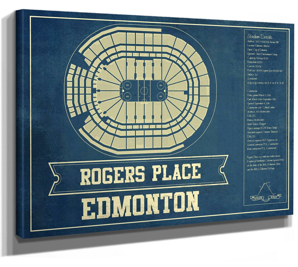 14" x 11" / Stretched Canvas Wrap Cutler West Edmonton Oilers - Rogers Place Vintage Hockey Blueprint NHL Print