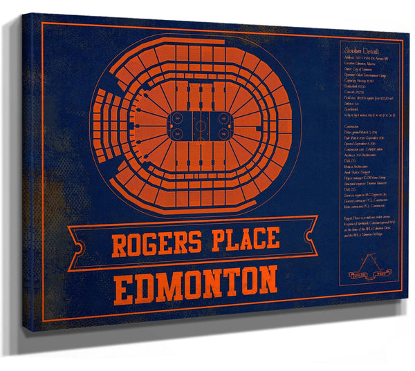 Cutler West Edmonton Oilers Team Colors - Rogers Place Vintage Hockey Blueprint NHL Print