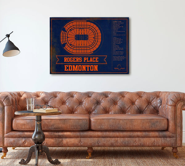 Cutler West Edmonton Oilers Team Colors - Rogers Place Vintage Hockey Blueprint NHL Print