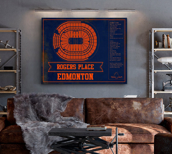 Cutler West Edmonton Oilers Team Colors - Rogers Place Vintage Hockey Blueprint NHL Print