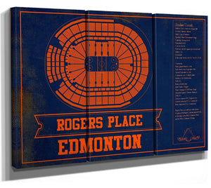 36" x 24" / 3 Panel Canvas Wrap Cutler West Edmonton Oilers Team Colors - Rogers Place Vintage Hockey Blueprint NHL Print