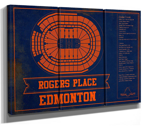 36" x 24" / 3 Panel Canvas Wrap Cutler West Edmonton Oilers Team Colors - Rogers Place Vintage Hockey Blueprint NHL Print