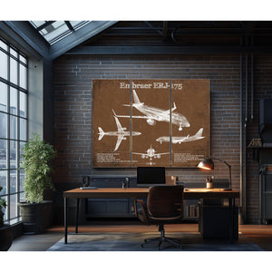 Embraer ERJ-175 Aviation Blueprint with Optional Print as a 3 panel canvas wrap in an industrial loft office