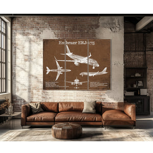 Embraer ERJ-175 Aviation Blueprint with Optional Print as a 3 panel canvas wrap above a leather sofa