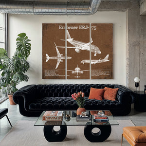 Embraer ERJ-175 Aviation Blueprint with Optional Print as a 3 panel canvas wrap in a modern living room