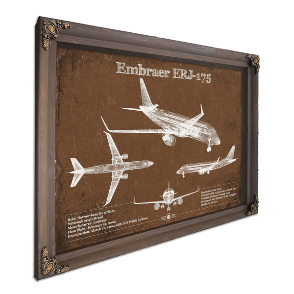 Embraer ERJ-175 Aviation Blueprint with Optional Print in a Bourbon stained wood frame with antique gold corners