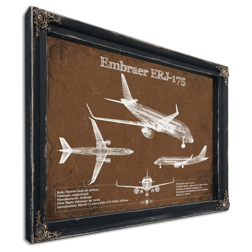 Embraer ERJ-175 Aviation Blueprint with Optional Print in a distressed Vintage Black wood frame with ornate corners