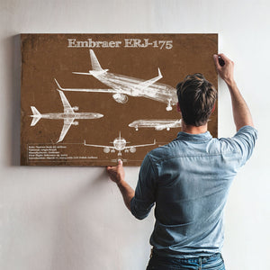 Embraer ERJ-175 Aviation Blueprint with Optional Print framed in Vintage Black above a mid-century record console