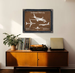 Embraer ERJ-175 Aviation Blueprint with Optional Print framed in Vintage Black in a loft bedroom