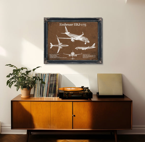 Embraer ERJ-175 Aviation Blueprint with Optional Print framed in Vintage Black in a loft bedroom