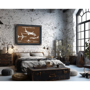 Embraer ERJ-175 Aviation Blueprint with Optional Print framed in Vintage Black in a farmhouse entryway