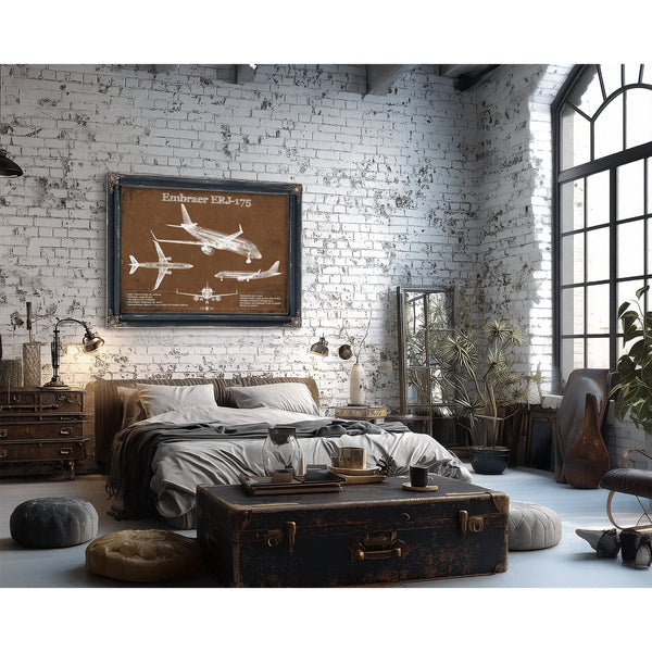 Embraer ERJ-175 Aviation Blueprint with Optional Print framed in Vintage Black in a farmhouse entryway