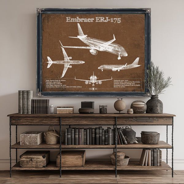 Embraer ERJ-175 Aviation Blueprint with Optional Print canvas print size guide 24x18 36x24 48x36 inches