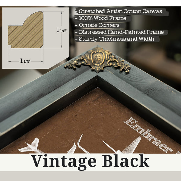 Vintage Black frame corner detail, 1.5 inch ornate wood moulding, Embraer ERJ-175 Aviation Blueprint with Optional Print
