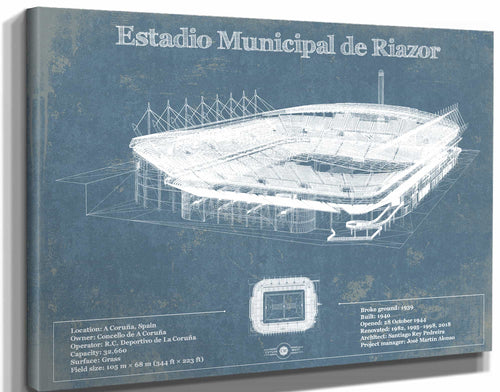 14" x 11" / Stretched Canvas Wrap Cutler West Estadio Municipal De Riazor Stadium Blueprint Vintage Soccer (Football) Print