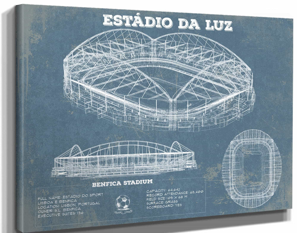 14" x 11" / Stretched Canvas Wrap Cutler West Estudio da Luz (Benfica Stadium) - Portugal National Football Team Blueprint Vintage Soccer Print
