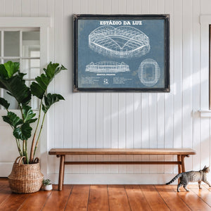 Estudio da Luz (Benfica Stadium) - Portugal National Print framed in Vintage Black above a rustic console table