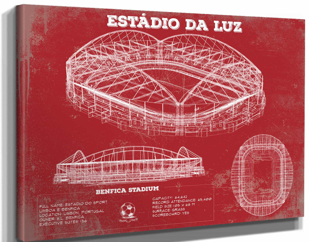 14" x 11" / Stretched Canvas Wrap Cutler West Estudio do Sport Lisboa e Benfica (Benfica Stadium) Team Color - Portugal National Football Team Blueprint Vintage Soccer Print