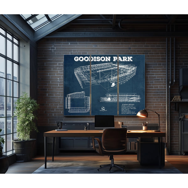 Everton Football Club - Goodison Park Stadium Print as a 3 panel canvas wrap in an industrial loft office