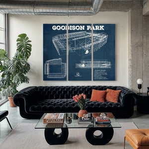 Everton Football Club - Goodison Park Stadium Print as a 3 panel canvas wrap in a modern living room