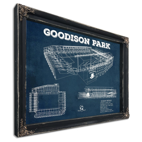 Everton Football Club - Goodison Park Stadium Print in a distressed Vintage Black wood frame with ornate corners