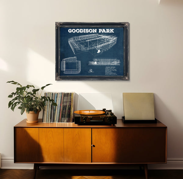 Everton Football Club - Goodison Park Stadium Print framed in Vintage Black in a loft bedroom
