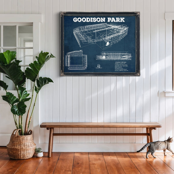 Everton Football Club - Goodison Park Stadium Print framed in Vintage Black above a rustic console table