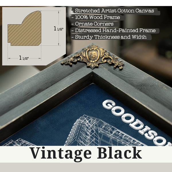 Vintage Black frame corner detail, 1.5 inch ornate wood moulding, Everton Football Club - Goodison Park Stadium Print
